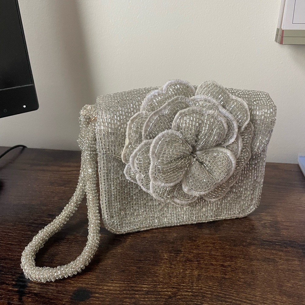 Anthropologie Silver Beaded Clutch